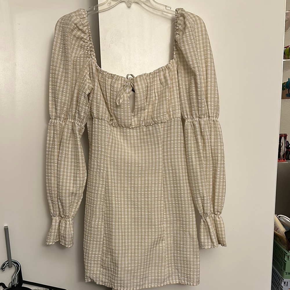 H&M Tan and White Long Sleeve Sundress with Square Neck